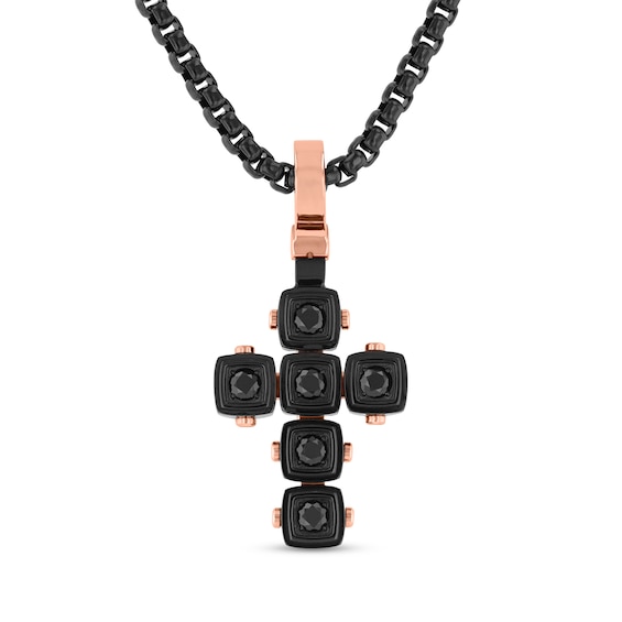 Black Spinel Cross Pendant in Solid Stainless Steel with Black and Rose Ion Plate - 24"