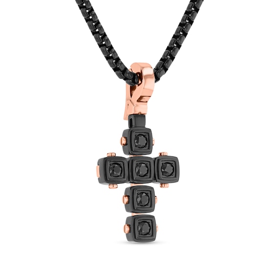 Black Spinel Cross Pendant in Solid Stainless Steel with Black and Rose Ion Plate - 24"