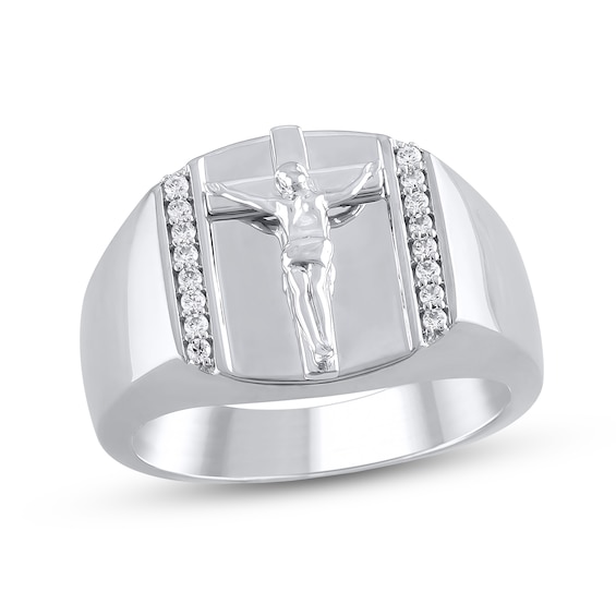 1/6 CT. T.w. Diamond Edge Rectangle-Top Crucifix Ring in 10K White Gold