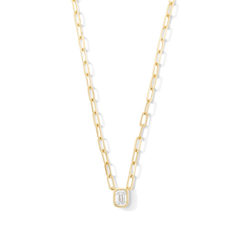 Main Image 1 of 1/3 CT. Emerald-Cut Certified Lab-Grown Diamond Solitaire Necklace in Sterling Silver with 14K Gold Plate (F/VS2)