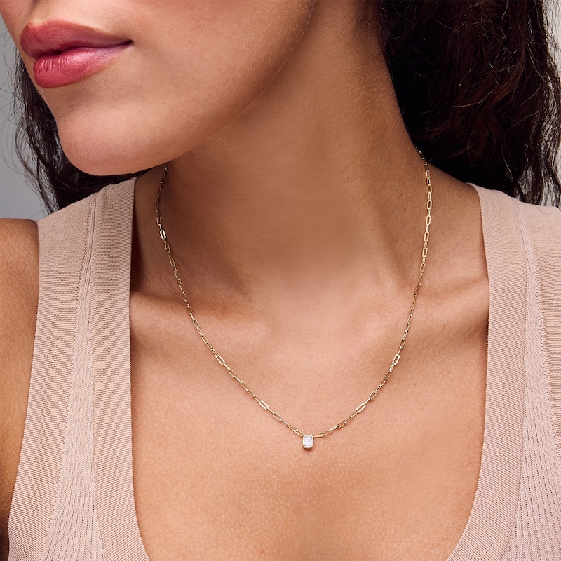 Main Image 2 of 1/3 CT. Emerald-Cut Certified Lab-Grown Diamond Solitaire Necklace in Sterling Silver with 14K Gold Plate (F/VS2)