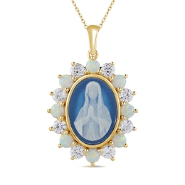 Oval Cameo, Lab-Created Opal and White Lab-Created Sapphire Virgin Mary Pendant in Sterling Silver with 24K Gold Plate