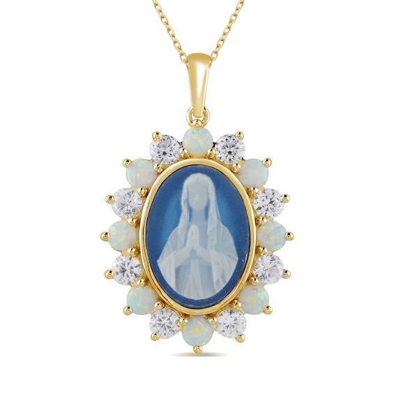 Oval Cameo, Lab-Created Opal and White Lab-Created Sapphire Virgin Mary Pendant in Sterling Silver with 24K Gold Plate
