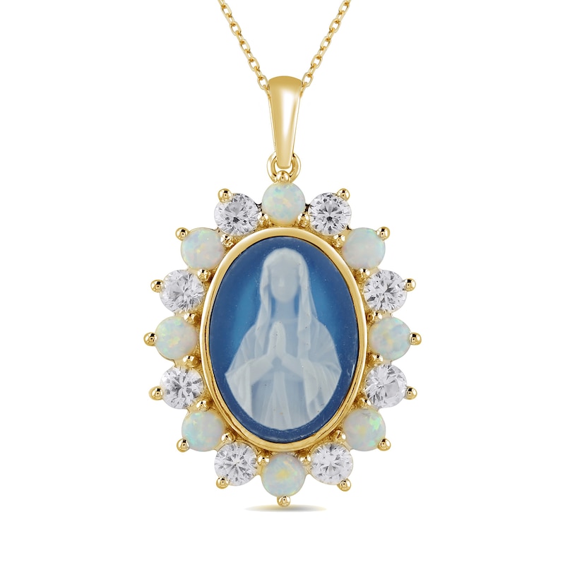 Main Image 1 of Oval Cameo, Lab-Created Opal and White Lab-Created Sapphire Virgin Mary Pendant in Sterling Silver with 24K Gold Plate
