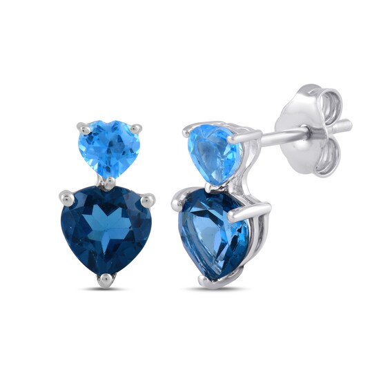 London and Swiss Blue Topaz Double Heart Drop Earrings in Sterling Silver