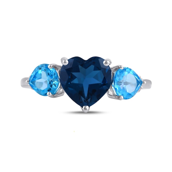 Heart-Shaped London and Swiss Blue Topaz with White Lab-Created Sapphire Three Stone Ring in Sterling Silver