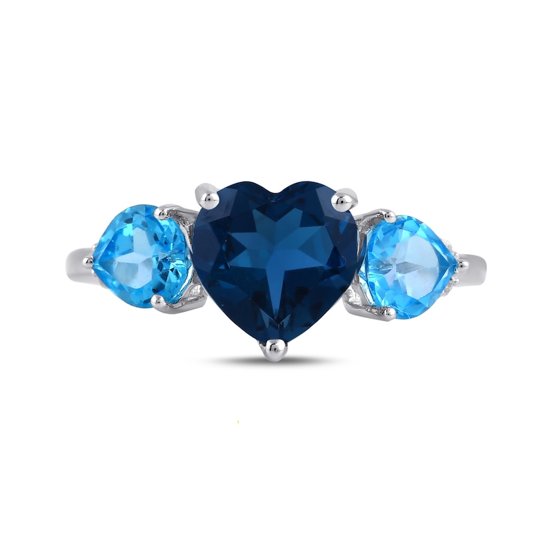 Main Image 3 of Heart-Shaped London and Swiss Blue Topaz with White Lab-Created Sapphire Three Stone Ring in Sterling Silver