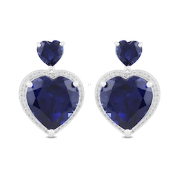 Blue and White Lab-Created Sapphire Frame Double Heart Drop Earrings in Sterling Silver