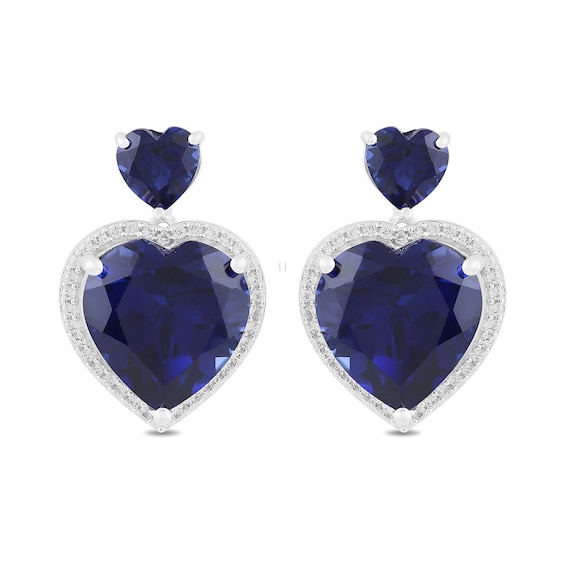 Blue and White Lab-Created Sapphire Frame Double Heart Drop Earrings in Sterling Silver