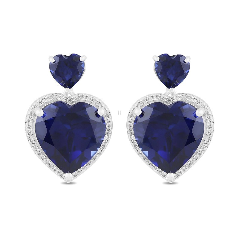 Main Image 1 of Blue and White Lab-Created Sapphire Frame Double Heart Drop Earrings in Sterling Silver