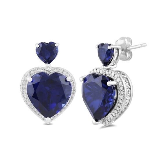 Blue and White Lab-Created Sapphire Frame Double Heart Drop Earrings in Sterling Silver