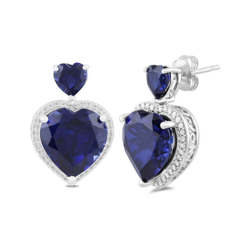 Main Image 2 of Blue and White Lab-Created Sapphire Frame Double Heart Drop Earrings in Sterling Silver