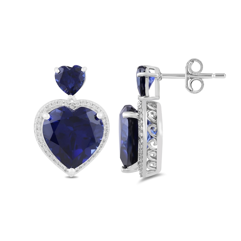 Main Image 3 of Blue and White Lab-Created Sapphire Frame Double Heart Drop Earrings in Sterling Silver