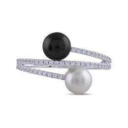 Button Black and White Freshwater Cultured Pearl with White Lab-Created Sapphire Bypass Ring in Sterling Silver