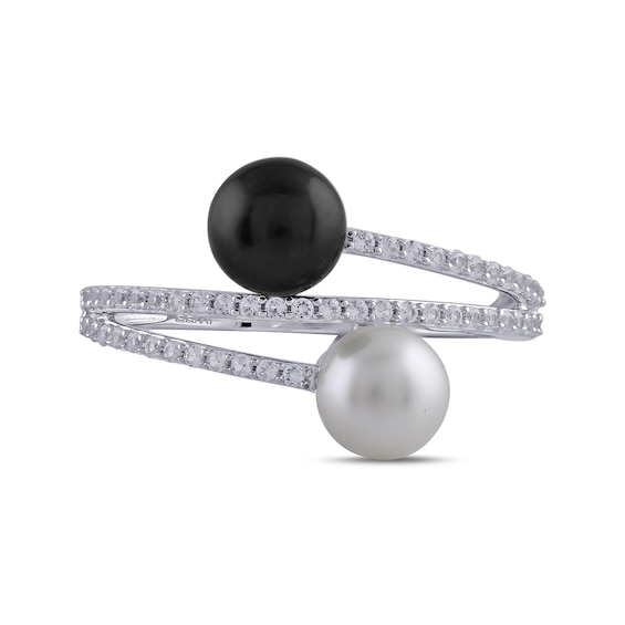 Button Black and White Freshwater Cultured Pearl with White Lab-Created Sapphire Bypass Ring in Sterling Silver