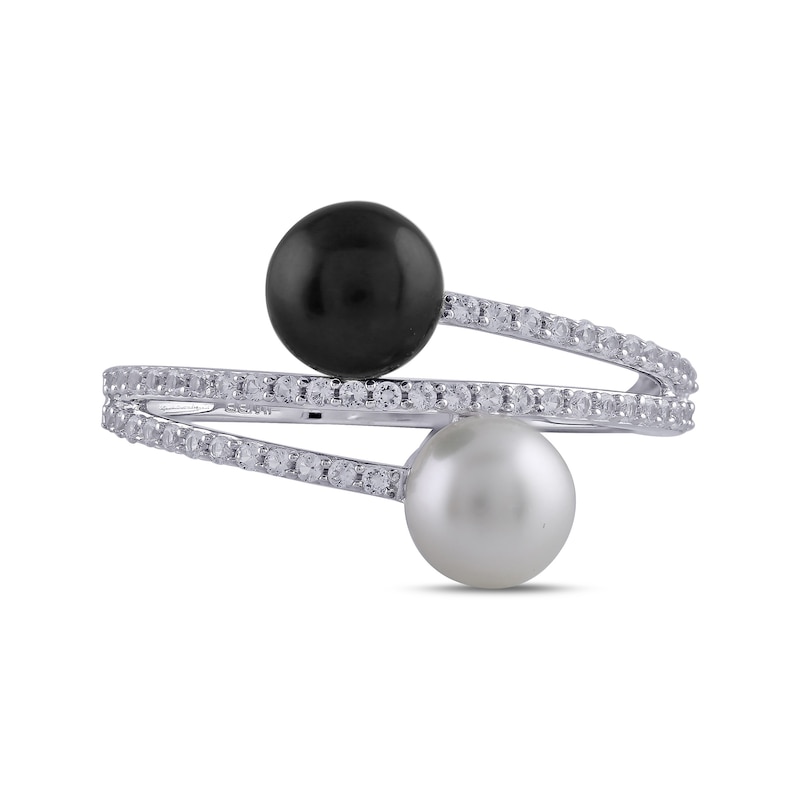 Main Image 1 of Button Black and White Freshwater Cultured Pearl with White Lab-Created Sapphire Bypass Ring in Sterling Silver