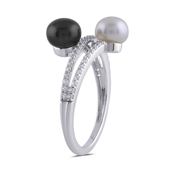 Button Black and White Freshwater Cultured Pearl with White Lab-Created Sapphire Bypass Ring in Sterling Silver