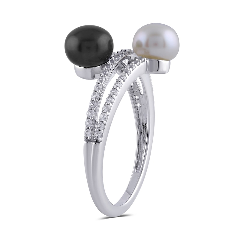 Main Image 2 of Button Black and White Freshwater Cultured Pearl with White Lab-Created Sapphire Bypass Ring in Sterling Silver