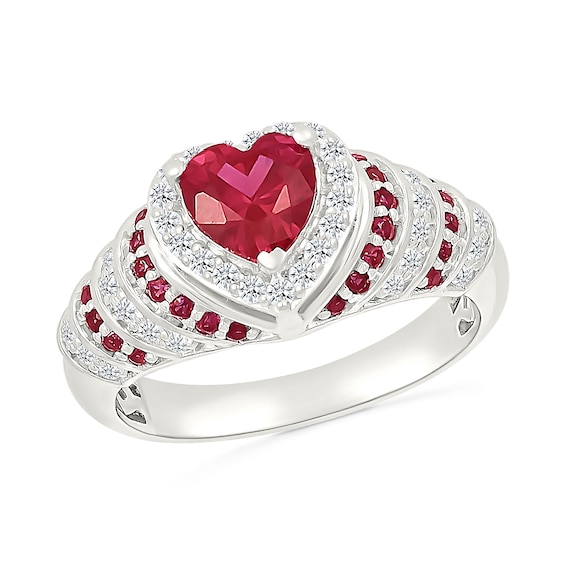 6.0mm Heart-Shaped Lab-Created Ruby and White Lab-Created Sapphire Ring in Sterling Silver