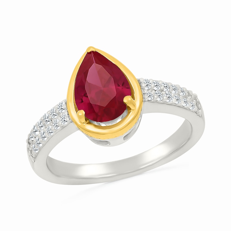 Main Image 1 of Pear-Shaped Lab-Created Ruby and White Lab-Created Sapphire Ring in Sterling Silver and 10K Gold