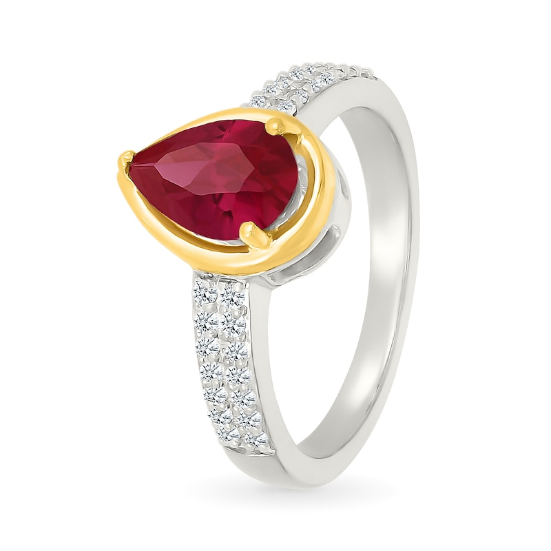 Main Image 2 of Pear-Shaped Lab-Created Ruby and White Lab-Created Sapphire Ring in Sterling Silver and 10K Gold