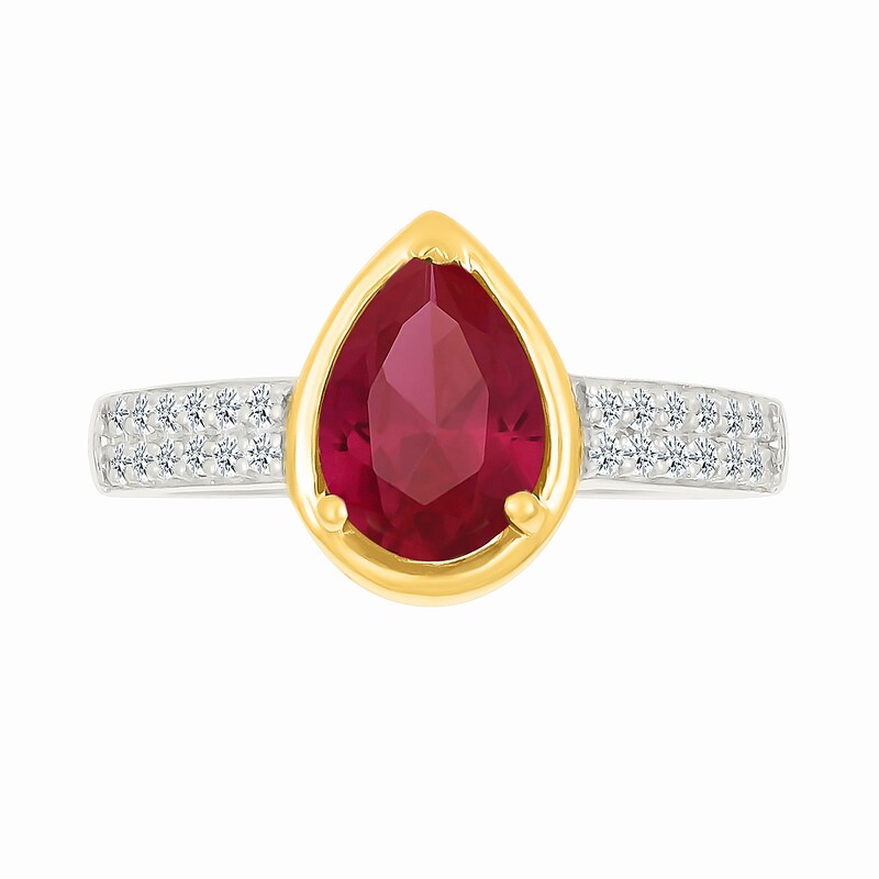 Main Image 3 of Pear-Shaped Lab-Created Ruby and White Lab-Created Sapphire Ring in Sterling Silver and 10K Gold