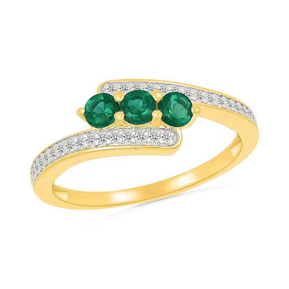 Lab-Created Emerald and 1/6 CT. T.w. Diamond Three Stone Bypass Ring in 10K Gold
