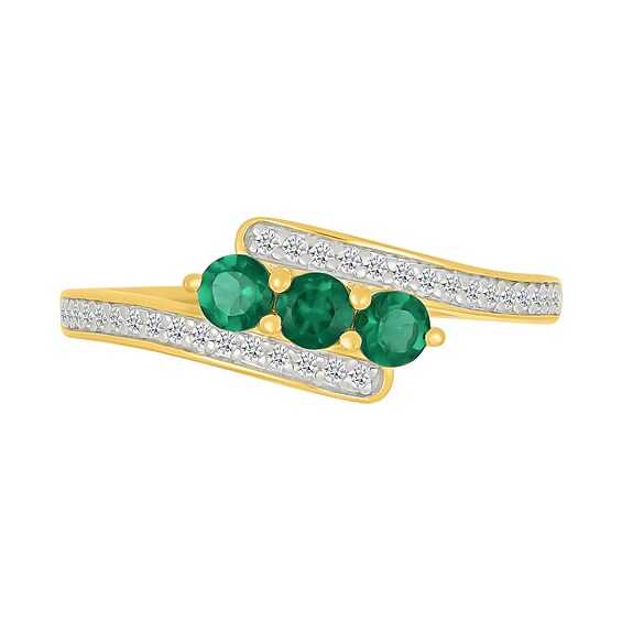 Lab-Created Emerald and 1/6 CT. T.w. Diamond Three Stone Bypass Ring in 10K Gold