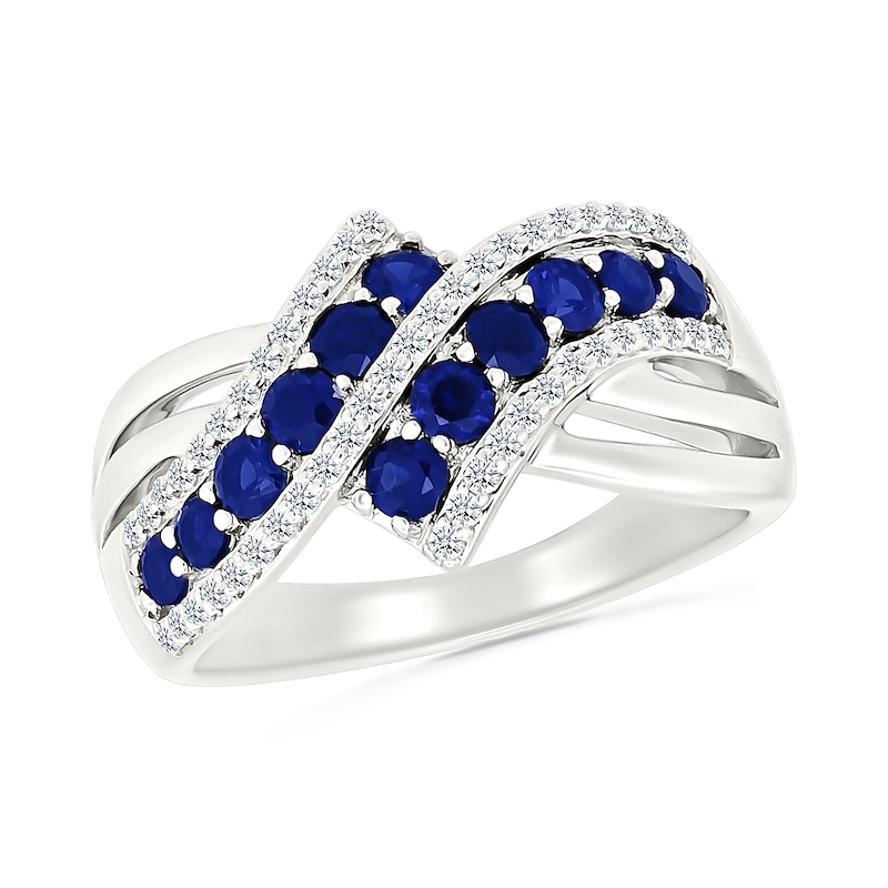 Main Image 1 of Blue and White Lab-Created Sapphire Multi-Row Ring in Sterling Silver