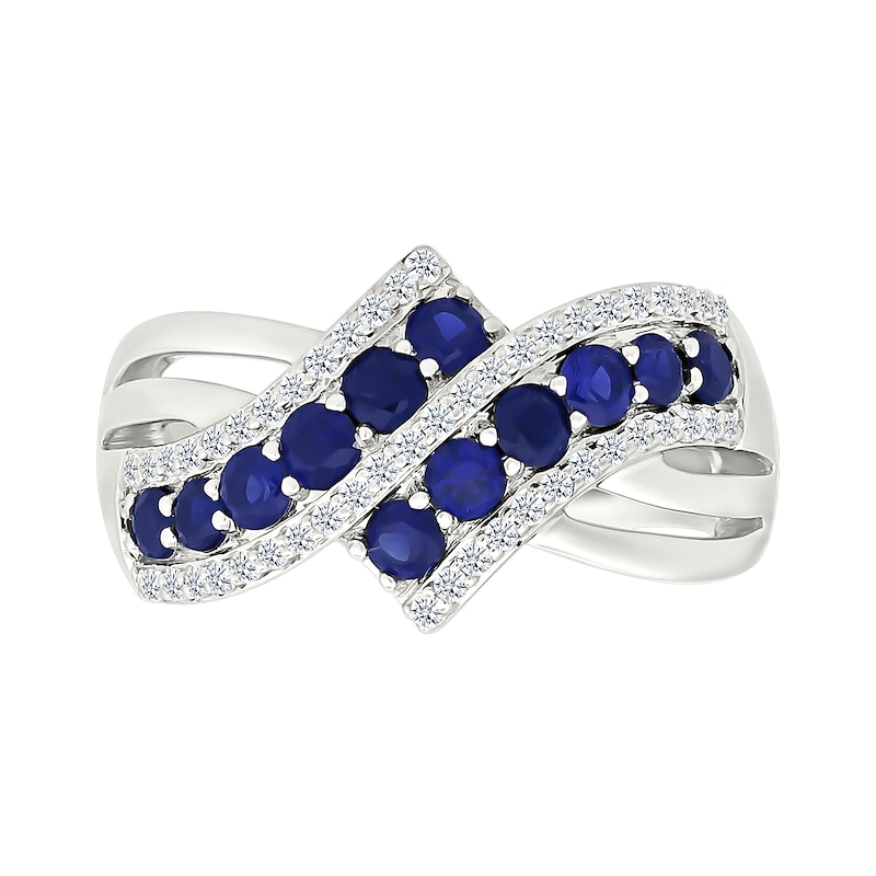 Main Image 3 of Blue and White Lab-Created Sapphire Multi-Row Ring in Sterling Silver