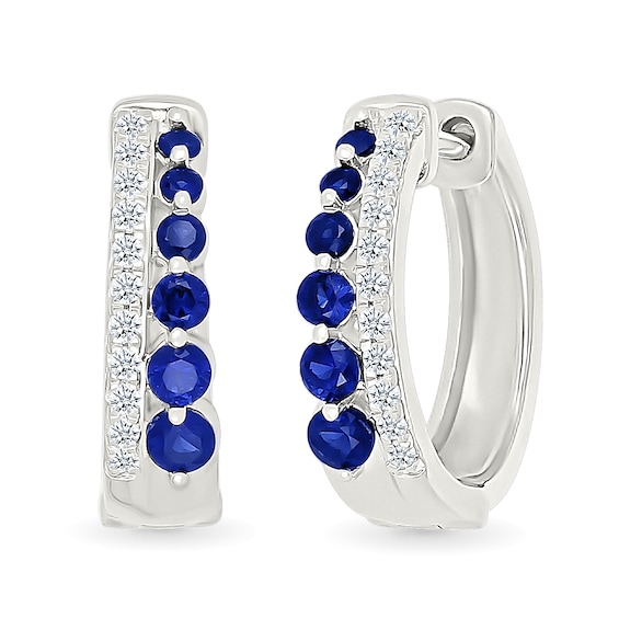 Blue and White Lab-Created Sapphire Hoop Earrings in Sterling Silver