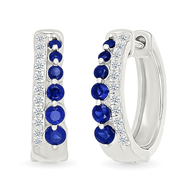 Main Image 1 of Blue and White Lab-Created Sapphire Hoop Earrings in Sterling Silver