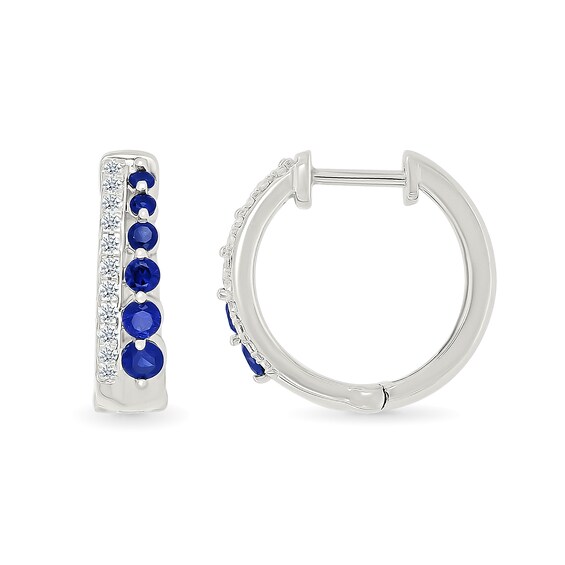 Blue and White Lab-Created Sapphire Hoop Earrings in Sterling Silver