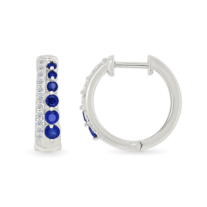 Main Image 2 of Blue and White Lab-Created Sapphire Hoop Earrings in Sterling Silver