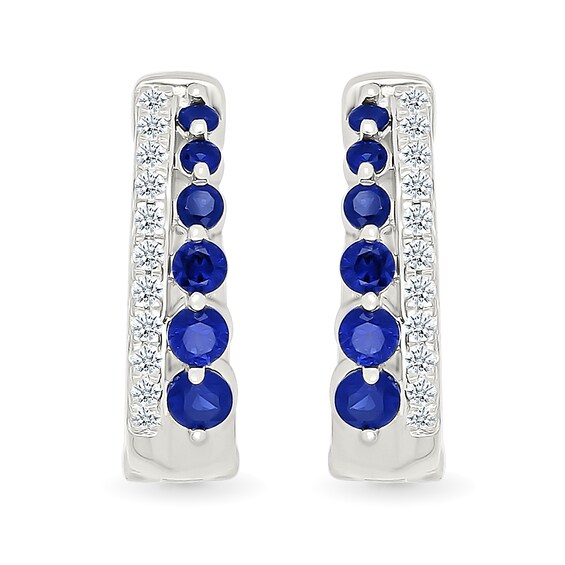 Blue and White Lab-Created Sapphire Hoop Earrings in Sterling Silver