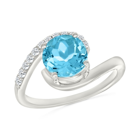 8.0mm Swiss Blue Topaz and White Lab-Created Sapphire Bypass Ring in Sterling Silver