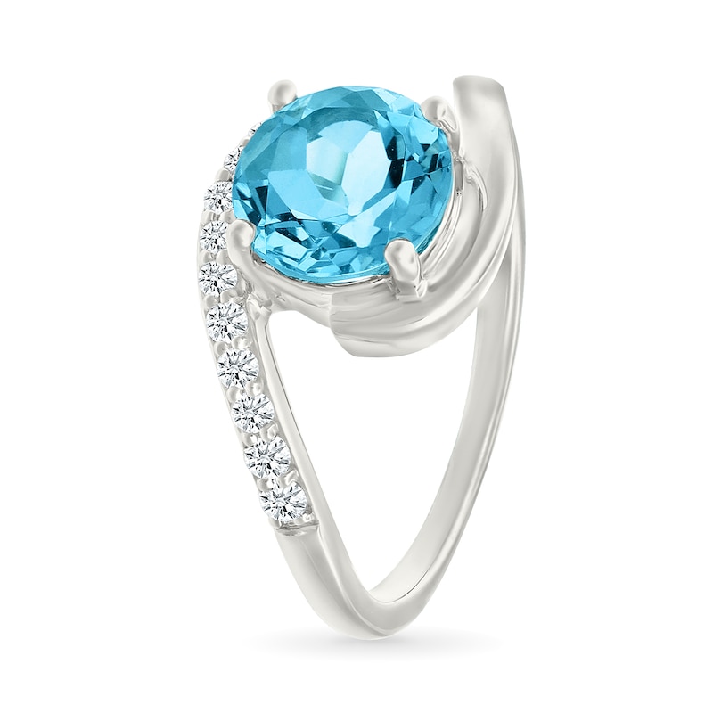 Main Image 2 of 8.0mm Swiss Blue Topaz and White Lab-Created Sapphire Bypass Ring in Sterling Silver