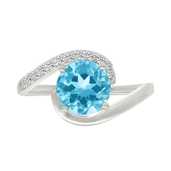 8.0mm Swiss Blue Topaz and White Lab-Created Sapphire Bypass Ring in Sterling Silver