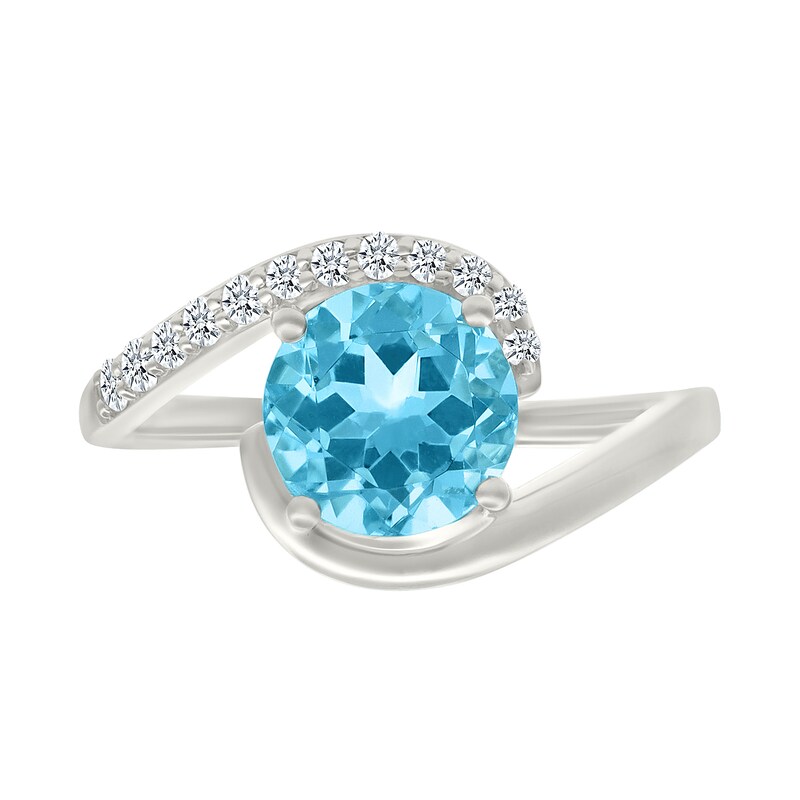 Main Image 3 of 8.0mm Swiss Blue Topaz and White Lab-Created Sapphire Bypass Ring in Sterling Silver