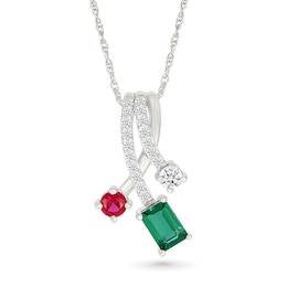 Emerald-Cut Lab-Created Emerald, Lab-Created Ruby, and White Lab-Created Sapphire Pendant in Sterling Silver