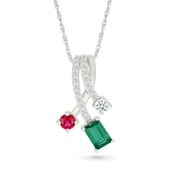 Emerald-Cut Lab-Created Emerald, Lab-Created Ruby, and White Lab-Created Sapphire Pendant in Sterling Silver