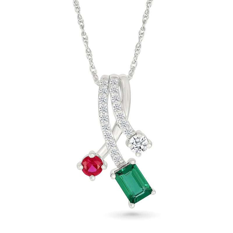 Main Image 1 of Emerald-Cut Lab-Created Emerald, Lab-Created Ruby, and White Lab-Created Sapphire Pendant in Sterling Silver
