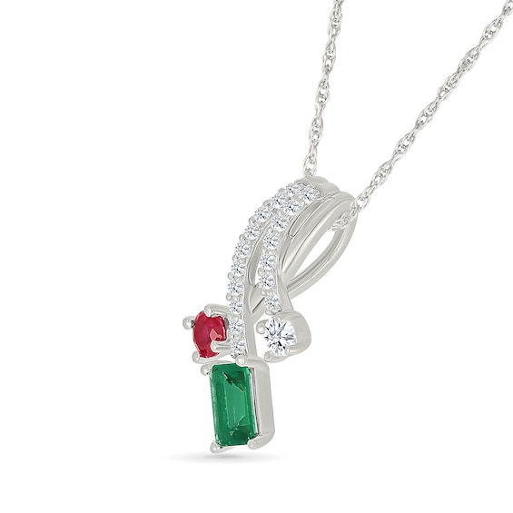 Emerald-Cut Lab-Created Emerald, Lab-Created Ruby, and White Lab-Created Sapphire Pendant in Sterling Silver