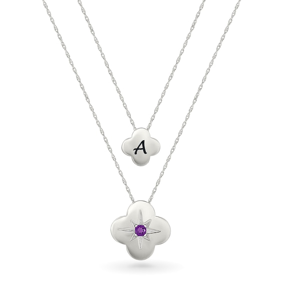 Birthstone and Engravable Initial Clover Double Strand Necklace in Sterling Silver (1 Stone and Letter)