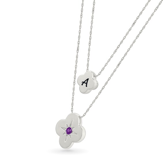 Birthstone and Engravable Initial Clover Double Strand Necklace in Sterling Silver (1 Stone and Letter)
