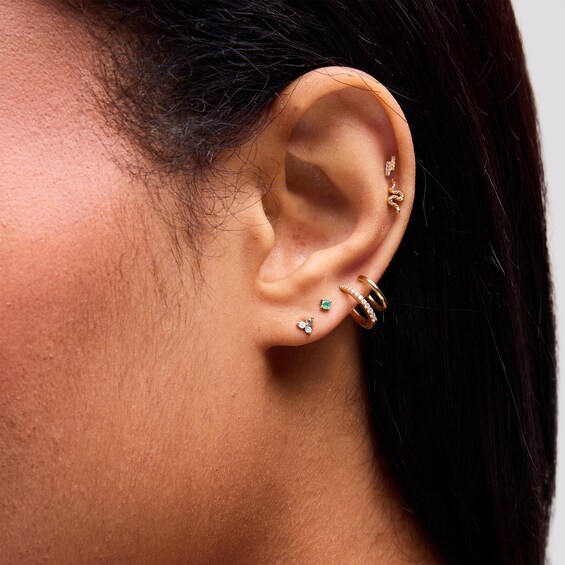 Lab-Created Opal and White Sapphire Stacked Trio Single Cartilage Stud Earring in 14K Gold