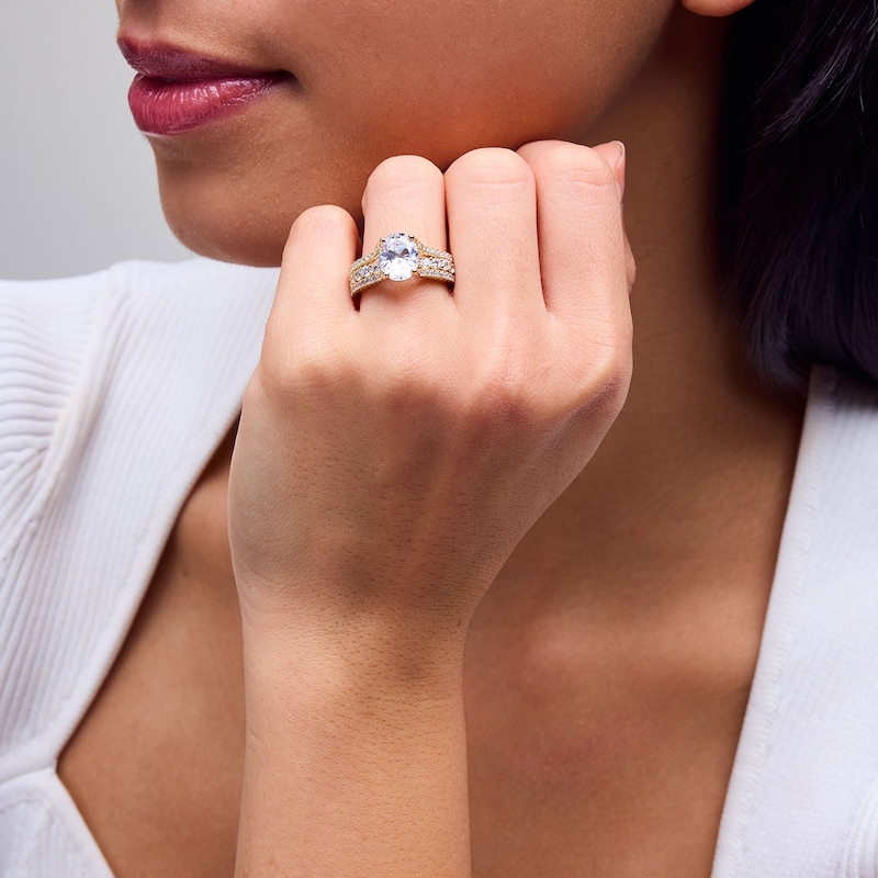 Main Image 2 of 3 CT. T.W. Oval Certified Lab-Grown Diamond Triple Row Split Shank Engagement Ring in 14K Gold (F/VS2)