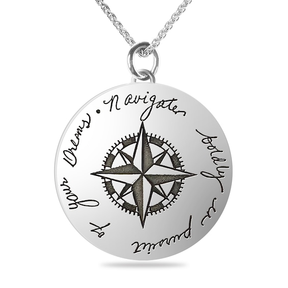 Engravable Inspirational Compass Medallion Pendant in Sterling Silver (4 Lines) - 22”