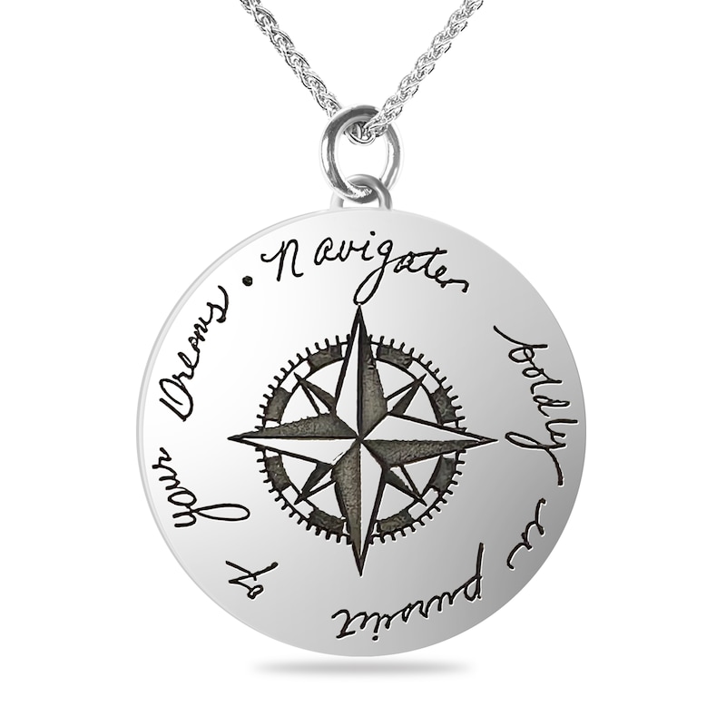Main Image 1 of Engravable Inspirational Compass Medallion Pendant in Sterling Silver (4 Lines) - 22”
