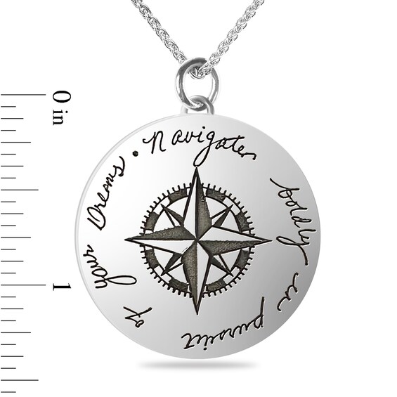 Engravable Inspirational Compass Medallion Pendant in Sterling Silver (4 Lines) - 22”